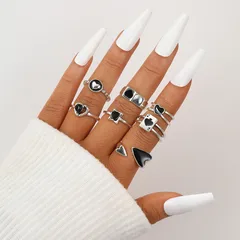 For Women Hip-Hop Alloy Rings Set Of 7 Pieces In Dyed Black Featuring Asymmetrical Design