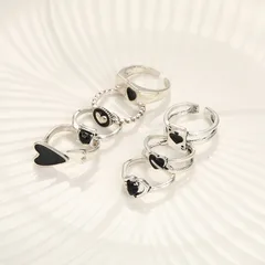 For Women Hip-Hop Alloy Rings Set Of 7 Pieces In Dyed Black Featuring Asymmetrical Design 5