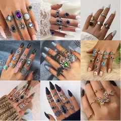 Hip-Hop Women Rings Set Featuring Geometric Moon, Flower, And Butterfly Designs With 18K Gold Plated Finish And Artificial Pearl Inlay