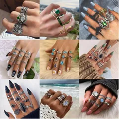 Hip-Hop Women Rings Set Featuring Geometric Moon, Flower, And Butterfly Designs With 18K Gold Plated Finish And Artificial Pearl Inlay 2