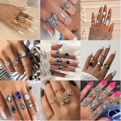 Hip-Hop Women Rings Set Featuring Geometric Moon, Flower, And Butterfly Designs With 18K Gold Plated Finish And Artificial Pearl Inlay 3