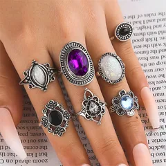 Hip-Hop Women Rings Set Featuring Geometric Moon, Flower, And Butterfly Designs With 18K Gold Plated Finish And Artificial Pearl Inlay 4