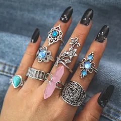 Hip-Hop Women Rings Set Featuring Geometric Moon, Flower, And Butterfly Designs With 18K Gold Plated Finish And Artificial Pearl Inlay 5