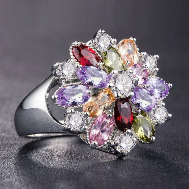 Modern Style Women’s Metal Ring For Flowers Featuring Electroplated Finish With Artificial Gemstones, 1 Piece 4