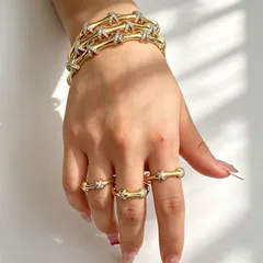 Crossover Rings For Women 2 Pieces Set Featuring Multicolor Rhinestones In Copper With Electroplated Finish 2
