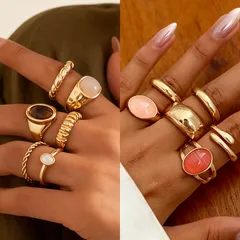 For Women Simple Style Multicolor Wave Rings, 6 Pieces Metal Rings With Electroplated Finish