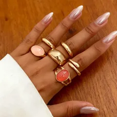 For Women Simple Style Multicolor Wave Rings, 6 Pieces Metal Rings With Electroplated Finish 2