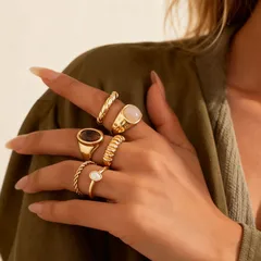 For Women Simple Style Multicolor Wave Rings, 6 Pieces Metal Rings With Electroplated Finish 3