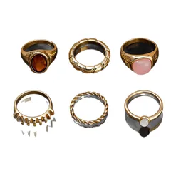 For Women Simple Style Multicolor Wave Rings, 6 Pieces Metal Rings With Electroplated Finish 5