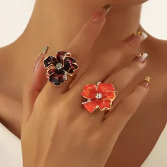 Flowers For Women Tropical Style Ring, Golden Plated With 0.03µm-0.05µm Thickness And Rhinestone Inlay, 1 PCS/Package
