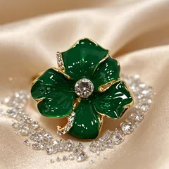 Flowers For Women Tropical Style Ring, Golden Plated With 0.03µm-0.05µm Thickness And Rhinestone Inlay, 1 PCS/Package 2