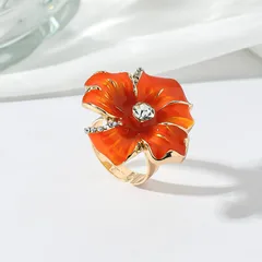 Flowers For Women Tropical Style Ring, Golden Plated With 0.03µm-0.05µm Thickness And Rhinestone Inlay, 1 PCS/Package 4
