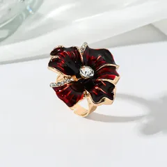 Flowers For Women Tropical Style Ring, Golden Plated With 0.03µm-0.05µm Thickness And Rhinestone Inlay, 1 PCS/Package 5