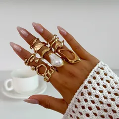 For Women 12 Pieces Baroque Style Irregular Open Rings In Gold Alloy With Electroplated Finish