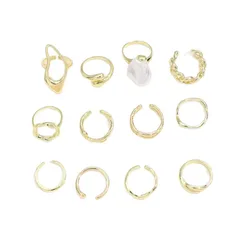 For Women 12 Pieces Baroque Style Irregular Open Rings In Gold Alloy With Electroplated Finish 2