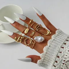 For Women 12 Pieces Baroque Style Irregular Open Rings In Gold Alloy With Electroplated Finish 3