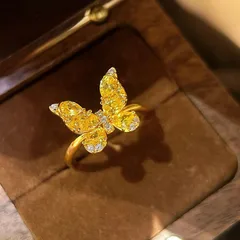 Women’s Butterfly Open Ring In Gold Electroplated Copper With Zircon Inlay