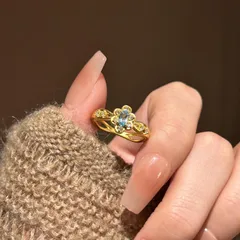 Women’s Copper Open Ring With Blue Zircon Inlay Featuring A Flower Pattern, Perfect For Summer