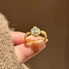 Women’s Copper Open Ring With Blue Zircon Inlay Featuring A Flower Pattern, Perfect For Summer 2