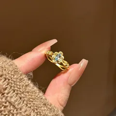 Women’s Copper Open Ring With Blue Zircon Inlay Featuring A Flower Pattern, Perfect For Summer 3