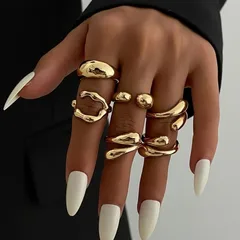 For Women 6 Pieces Exaggerated Irregular Open Rings In Gold Zinc Alloy