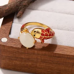 For Women Fish Pattern Ring In Red Featuring 18K Real Gold Plated With 0.03µm-0.05µm Thickness And Glass Inlay, 1 Piece