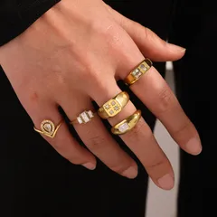 Women’s Geometric Rings In 304 Stainless Steel With 18K Gold Plated Finish And Zircon Inlay