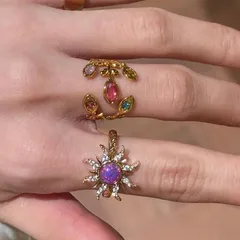 Gold Alloy Women's Flowers Ring For Women Featuring Asymmetrical Craftsmanship And Zircon Inlay