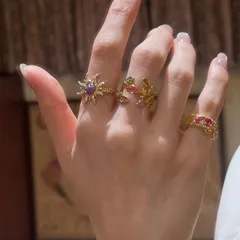 Gold Alloy Women's Flowers Ring For Women Featuring Asymmetrical Craftsmanship And Zircon Inlay 3
