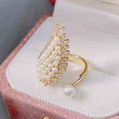 Women’s Gold Open Ring Featuring Wings Pattern With Zircon Inlay And Imitation Pearl, Perfect For Summer