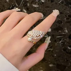 Women’s Gold Open Ring Featuring Wings Pattern With Zircon Inlay And Imitation Pearl, Perfect For Summer 2