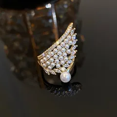 Women’s Gold Open Ring Featuring Wings Pattern With Zircon Inlay And Imitation Pearl, Perfect For Summer 3
