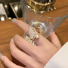 Women’s Gold Open Ring Featuring Wings Pattern With Zircon Inlay And Imitation Pearl, Perfect For Summer 4