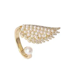 Women’s Gold Open Ring Featuring Wings Pattern With Zircon Inlay And Imitation Pearl, Perfect For Summer 5