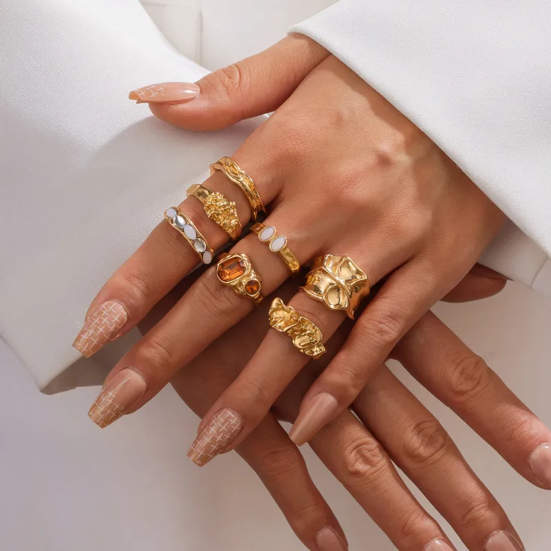 For Women 7 Pieces Irregular Rings In Gold With KC Golden Plated Finish 0.01µm Featuring Artificial Gemstones 5