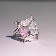 Women’s Leaf Open Ring In Electroplated Copper With Zircon Inlay, Featuring Natural Pink Color 3