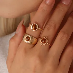 Sun For Women Maillard Style Gold Alloy Rings Featuring Tiger Eye Inlay
