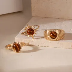 Sun For Women Maillard Style Gold Alloy Rings Featuring Tiger Eye Inlay 2