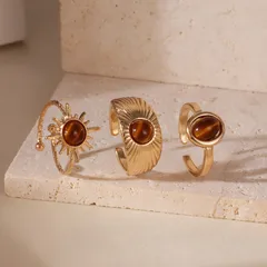 Sun For Women Maillard Style Gold Alloy Rings Featuring Tiger Eye Inlay 3