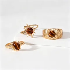 Sun For Women Maillard Style Gold Alloy Rings Featuring Tiger Eye Inlay 4
