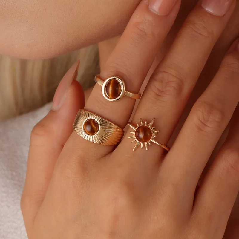Sun For Women Maillard Style Gold Alloy Rings Featuring Tiger Eye Inlay 5