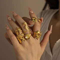 For Women Marine Style Shell Ring In Titanium Steel With Zircon Inlay 3