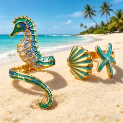 For Women Marine Style Open Ring With KC Golden Plated 0.03µm-0.05µm Thickness And Rhinestones, 1 PCS/Package 4