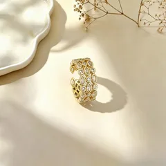 Women’s Open Copper Ring Featuring Water Droplets Design With Real Gold Plated PVD Coating And Zircon Inlay