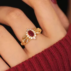 Women’s Open Rings Featuring Grain Pattern, Electroplated Copper With Zircon Inlay In Red