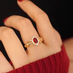 Women’s Open Rings Featuring Grain Pattern, Electroplated Copper With Zircon Inlay In Red 3