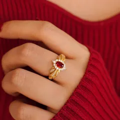Women’s Open Rings Featuring Grain Pattern, Electroplated Copper With Zircon Inlay In Red 4