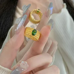 Women’s Retro Copper Rings With Chains Print And Zircon Inlay, Available In Green 2
