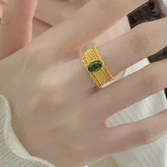 Women’s Retro Copper Rings With Chains Print And Zircon Inlay, Available In Green 3