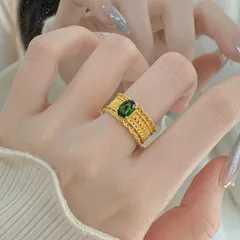 Women’s Retro Copper Rings With Chains Print And Zircon Inlay, Available In Green 4